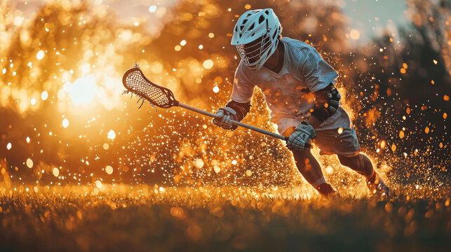 Young lacrosse player running through a field at sunset, splashing water with excitement after scoring a thrilling goal during practice