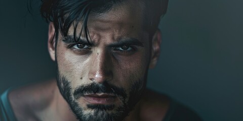 Obraz premium Male face close up with deep gaze and stubble, possibly for microstock use.