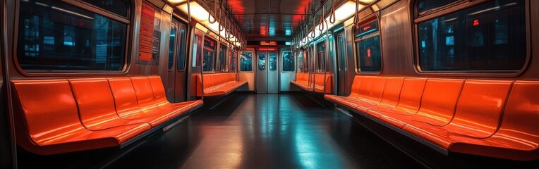 Fototapeta premium Empty Subway Train Car with Dim Nighttime Lighting
