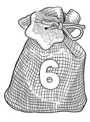 illustration of christmas bag for advent calendar drawn with black lines on a white background