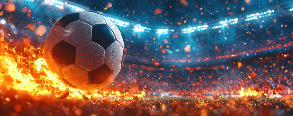 Fototapeta premium A soccer ball speeds towards the goal, leaving a trail of flames on the ground in a vibrant stadium atmosphere filled with excitement at night. advertising banner with copy space