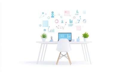 Fototapeta premium A professional working remotely on a laptop, with a focus on a clean, minimalistic workspace and a large background area suitable for text copy