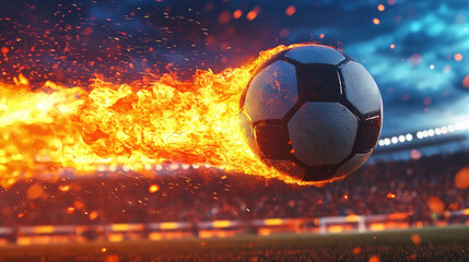 Naklejka premium A soccer ball engulfed in flames speeds through the air as players and fans watch eagerly, filled with anticipation at a lively evening match.