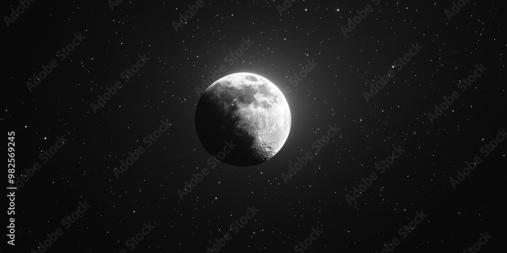 Poster surreal cosmic scene with celestial bodies floating in space at night.