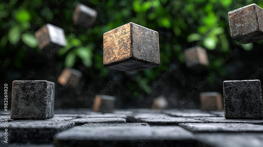 Poster a surreal depiction of floating blocks above a textured surface, surrounded by lush greenery, evokin