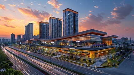 Fototapeta premium A captivating view of the background with modern commercial high - rise buildings. The buildings have sleek and stylish designs. They stand tall and proud, reaching towards the sky. There are large gl