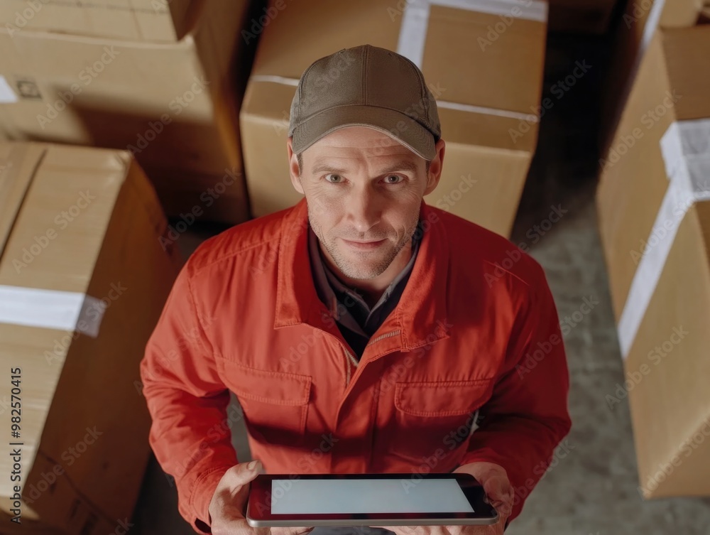 Poster Warehouse worker with tablet for inventory and data analysis. Modern technology aiding productivity in the workplace.