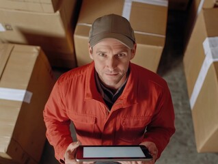Warehouse worker with tablet for inventory and data analysis. Modern technology aiding productivity in the workplace.