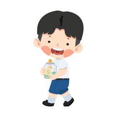 Boy student holding glass of money jar coin