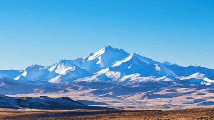 Majestic mountain range under a clear blue sky, showcasing snow-covered peaks and expansive valleys, perfect for nature photography.