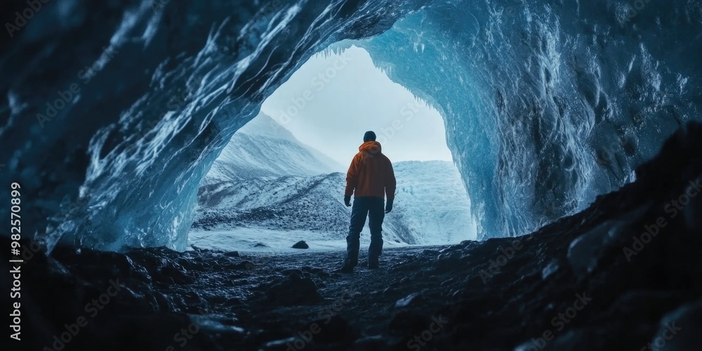 Poster a person exploring an ice cave with a view of the outside world in winter. dramatic lighting emphasi