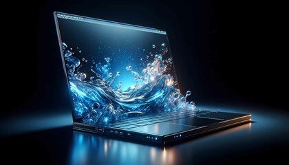 A laptop with a screen displaying a dynamic water splash effect, set against a dark background.