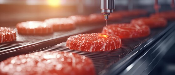 Robotic automation system placing ingredients, conveyor belt in food tech factory, 3D illustration