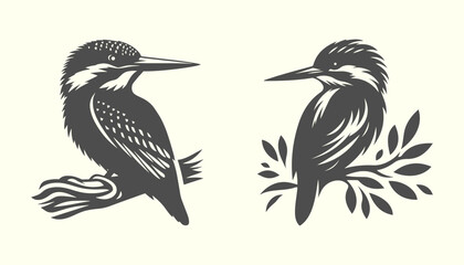 A black and white vector drawing of kingfisher bird on a wood. Silhouette of kingfisher. 