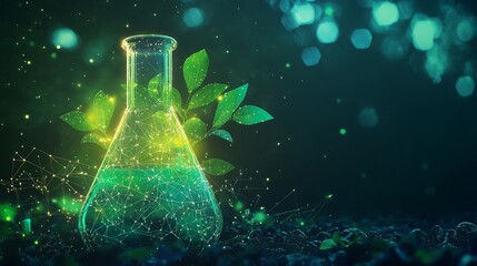 Green chemistry concept: glowing beaker and plant made of stars, dots, and triangles. Futuristic design. 