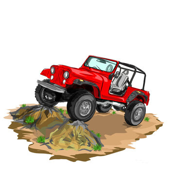 red jeep climbing rocks clip art preview