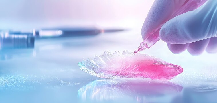 Scientist s gloved fingers gently prodding a translucent lab-grown fish fillet under a soft glow, with precision instruments in the background, in watercolor style