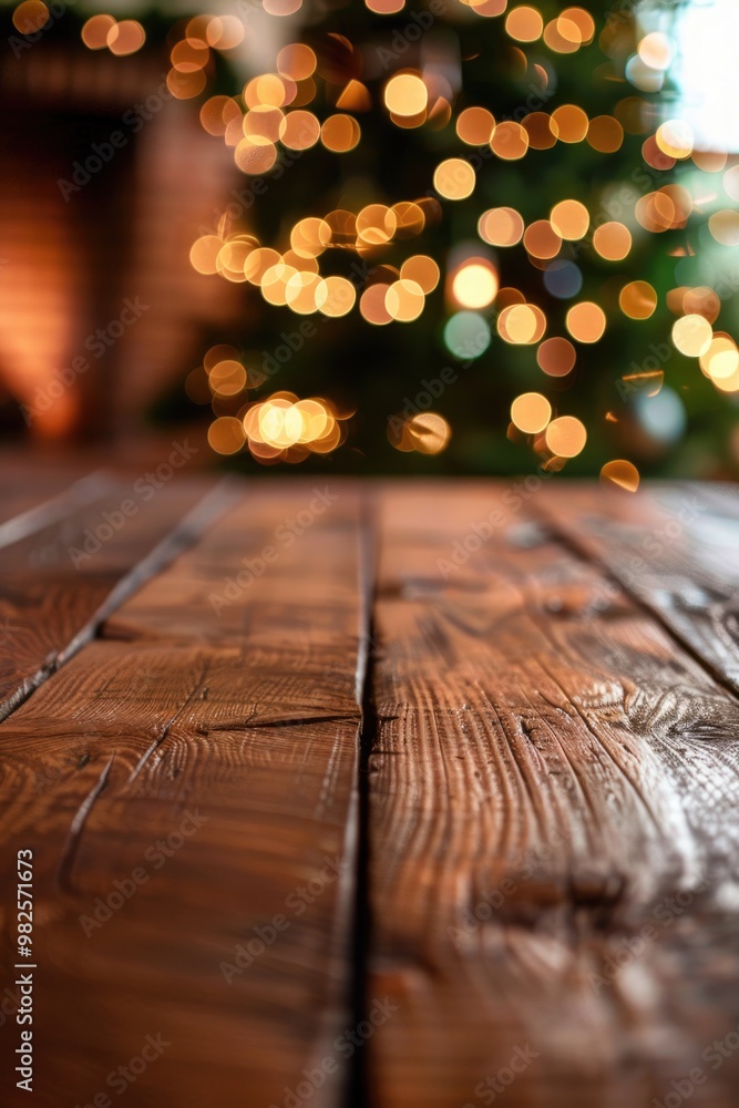 Poster a wooden table with a christmas tree in the background. the table is empty and the tree is lit up wi