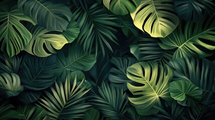 A vibrant green background filled with an abundance of leaves and flowers. The leaves are large and leafy, while the flowers are small and yellow. Scene is one of freshness and vitality