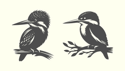 A black and white vector drawing of  kingfisher bird on a wood. Silhouette of kingfisher. 