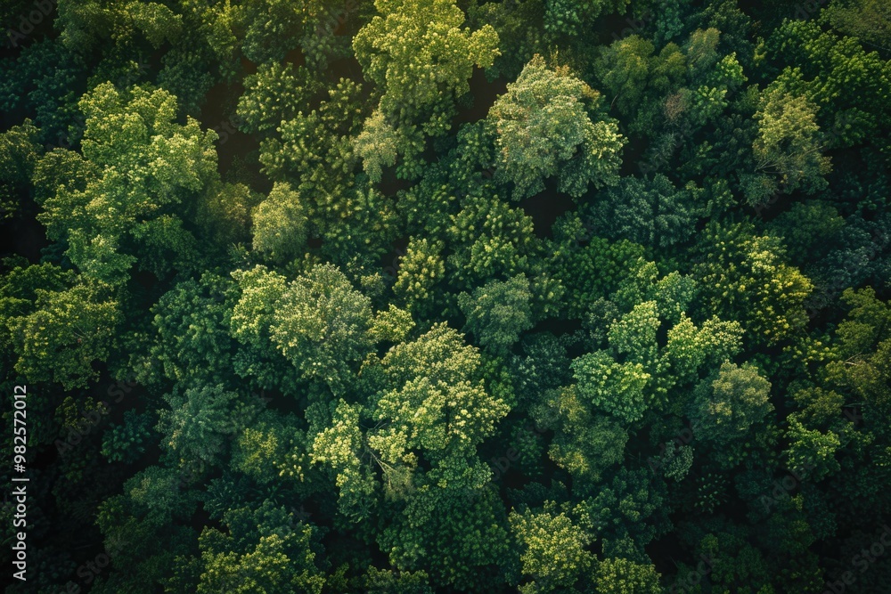Poster a lush green forest with trees of various sizes and shapes. the trees are densely packed, creating a