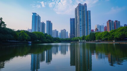 A captivating view of the background with modern commercial high - rise buildings. The buildings have sleek and stylish designs. They stand tall and proud, reaching towards the sky. There are large gl