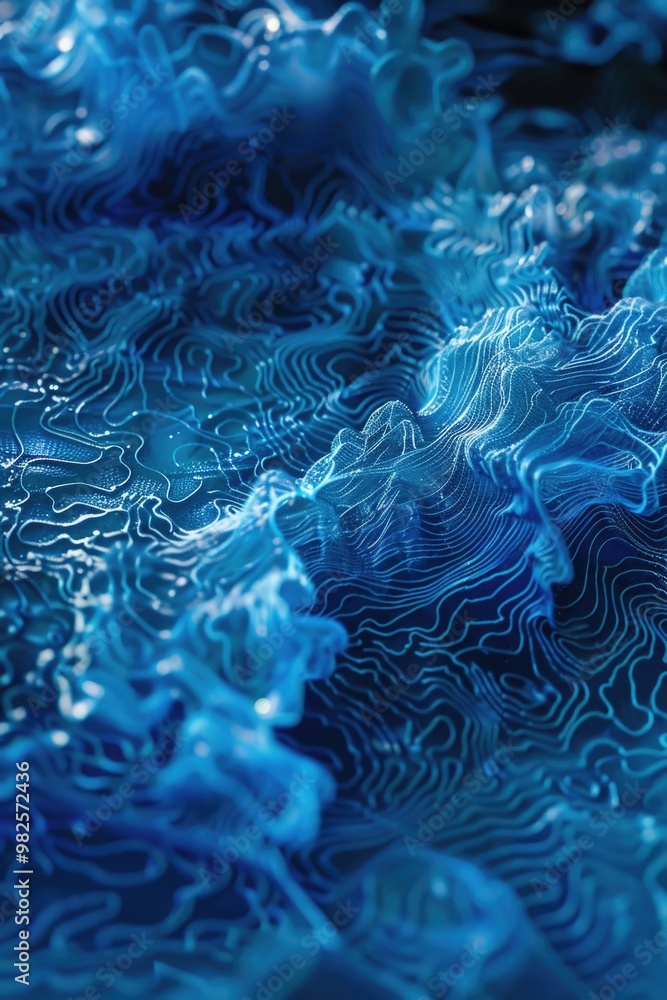 Poster a blue and white image of a wave with a lot of detail. the image is of a computer generated wave, an
