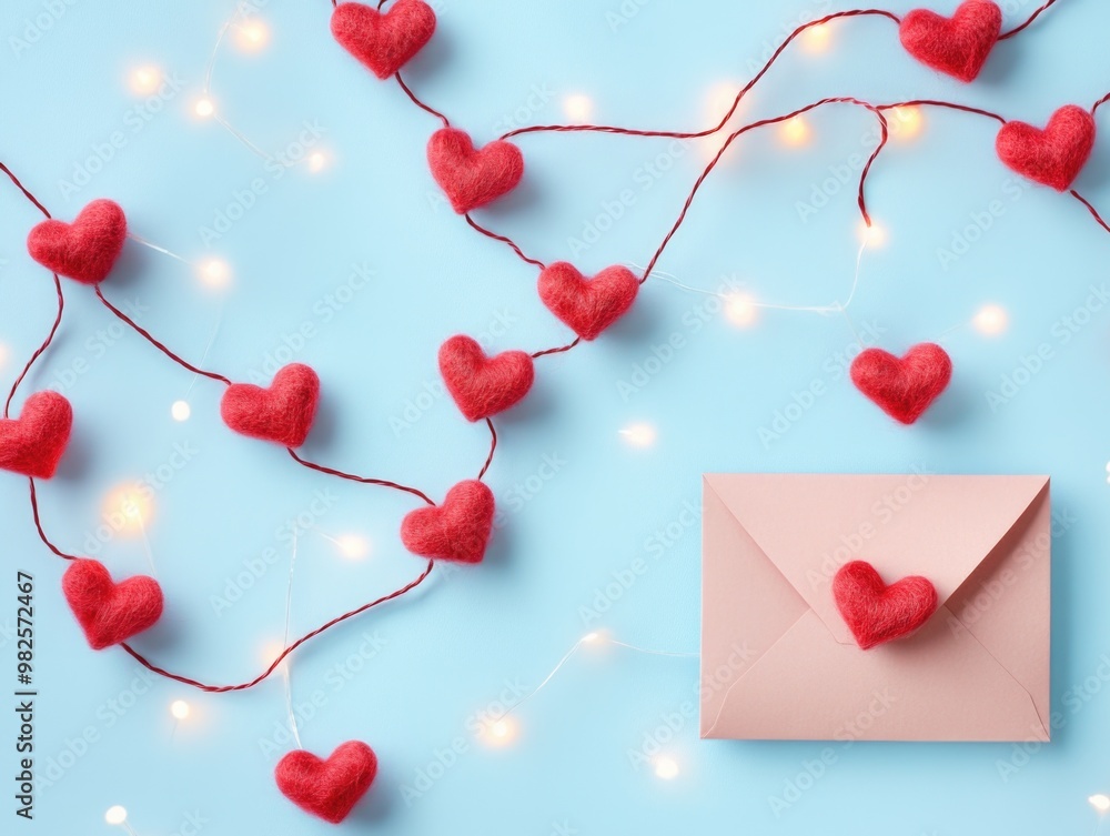 Poster a blue background with a string of red hearts and a pink envelope with a heart on it. concept of lov