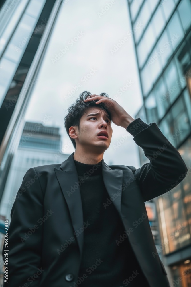 Poster a man in a black suit is standing in front of a tall building. he is looking up and he is in a state