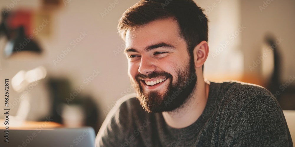 Poster a man with a beard is smiling at the camera while sitting in front of a laptop. concept of happiness