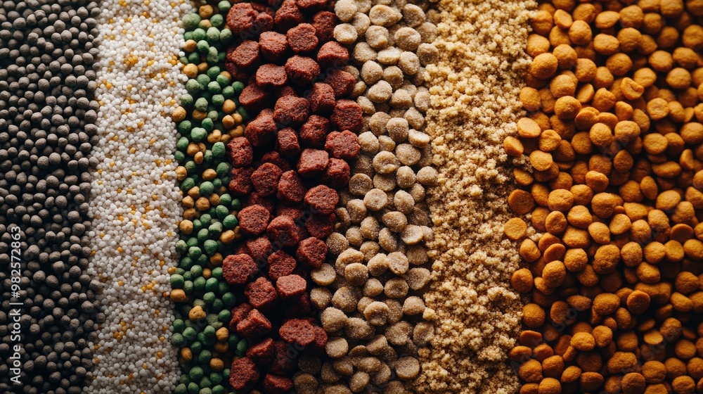 Poster a variety of different colored dog food is shown in a row. the different colors and textures of the 