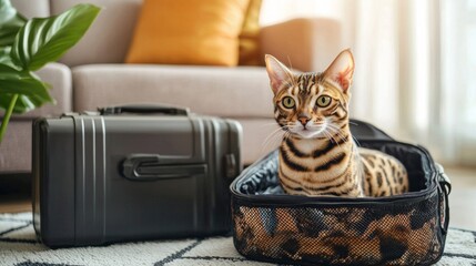 Bengal cat in a soft carrier on the floor next to a suitcase in the living room.