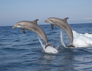 Fototapeta premium Two dolphins leaping over ocean waves