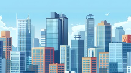 Obraz premium A captivating view of the background with modern commercial high - rise buildings. The buildings have sleek and stylish designs. They stand tall and proud, reaching towards the sky. There are large gl