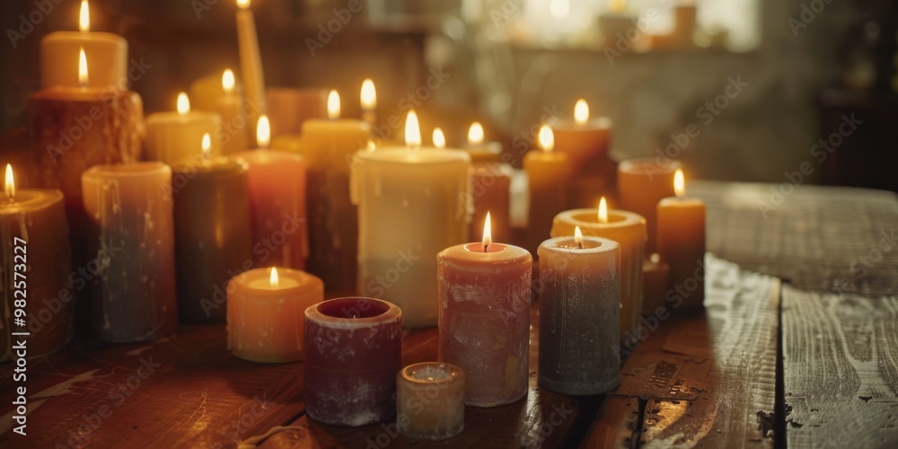 Poster a table full of candles with many different colors and sizes. the candles are lit and create a warm 