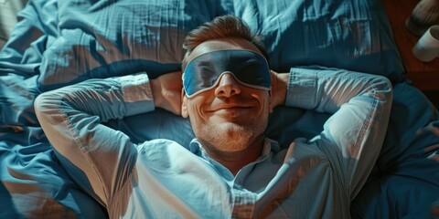 Fototapeta premium A man is laying in bed with a blue eye mask on his face. He is smiling and he is relaxed