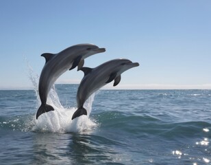 Fototapeta premium Pair of dolphins gracefully jumping in the sea