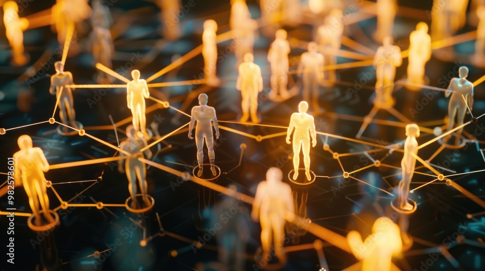 Poster a group of people are connected by a network of lines. the people are all different sizes and shapes