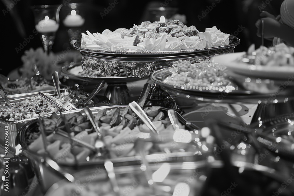 Poster a black and white photo of a buffet table with a variety of food and silverware. scene is elegant an