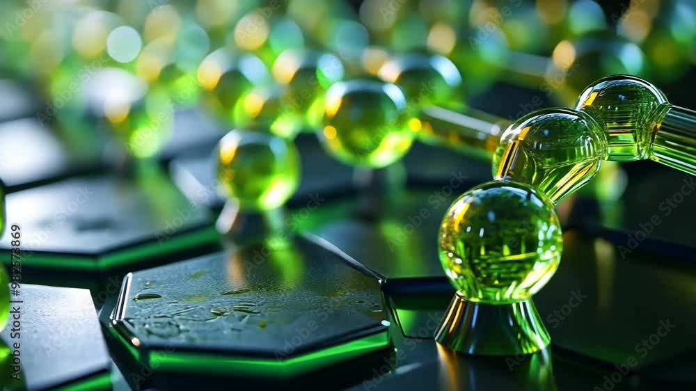 Poster close-up of green molecular structures on a hexagonal surface