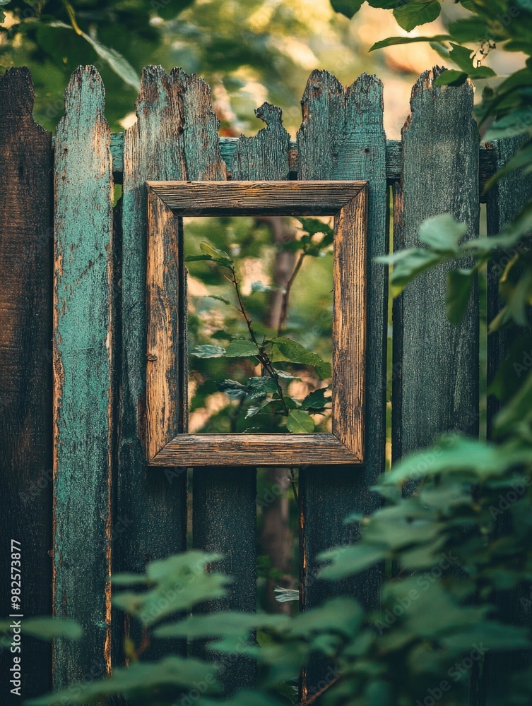 Poster a wooden fence with a frame in the middle of it. the frame is open and the leaves of a tree are visi