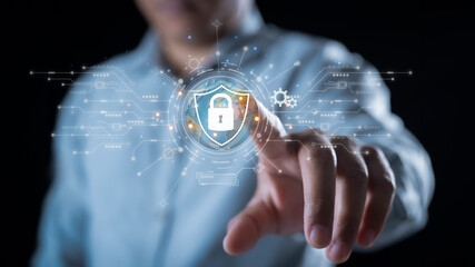 Cybersecurity Solutions for Protecting Personal Data: Lock Icons, Internet Network Security, and Businessman Ensuring Data Privacy for Modern Enterprises
