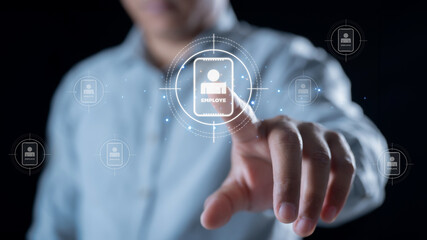 Employee Relationship Management Concept - Business Person Touching Human Icon and Global Technological Structure, Employee Communication, Network Solutions