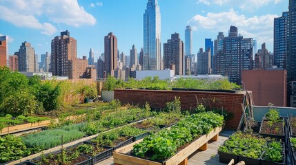 Fototapeta premium Rooftop gardens in an urban setting promoting sustainable agriculture.