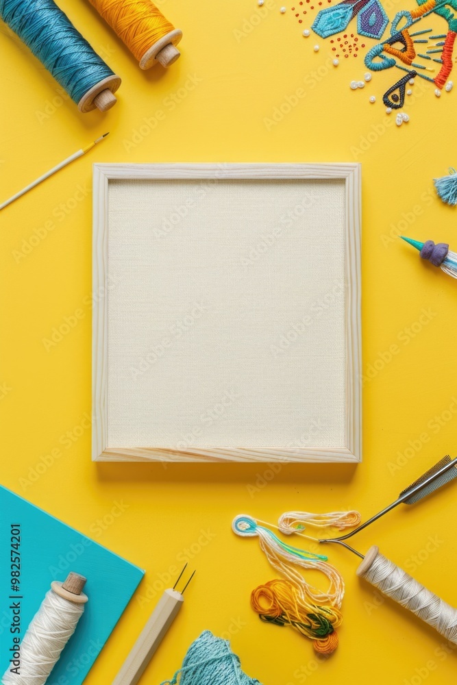 Poster a yellow background with a white frame and a blank space inside. various colorful threads and needle