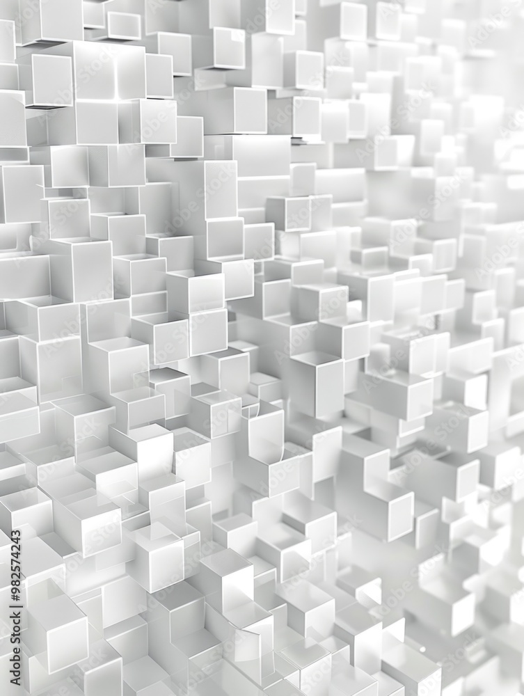 Poster a white background with many white squares. the squares are arranged in a way that creates a sense o