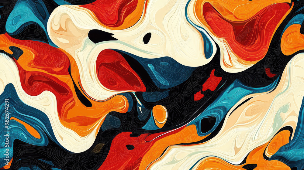 Poster vibrant seamless abstract pattern with swirling shapes in bold colors creating a dynamic visual expe