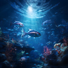 Fototapeta premium Beneath the ocean surface, colorful fish swim gracefully among vibrant coral reefs, illuminated by soft, shimmering light.