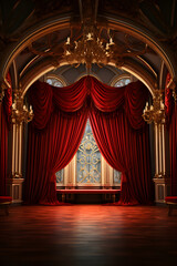 Elegant interior featuring rich red curtains, ornate details, and a stunning window, perfect for theatrical or architectural themes.