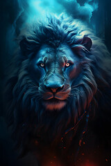 Majestic blue lion portrait, illuminated by a mystical glow, representing strength and power in a surreal environment.